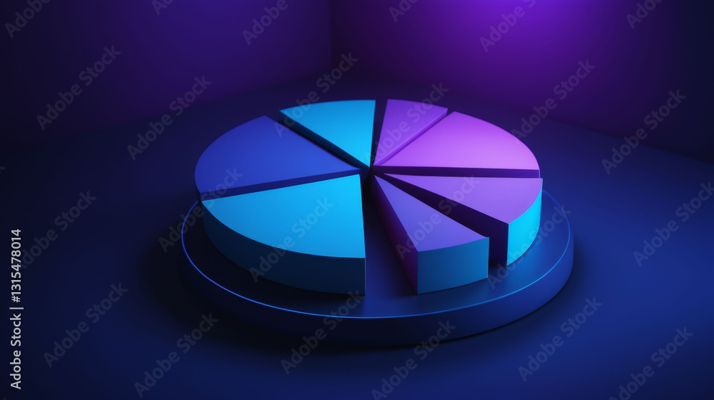 Obraz premium A D pie chart with clear, transparent segments, each in a bold color, casting sleek, smooth shadows as light gently shifts across the surface.