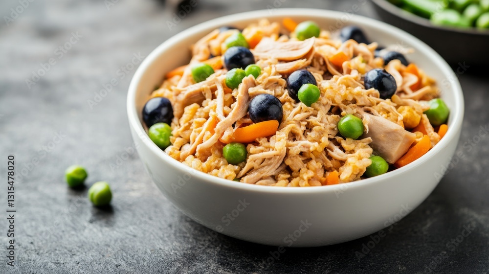 Unique dog dish with shredded duck, blueberries, and green beans Unique dog dish with shredded duck, blueberries, and green beans
