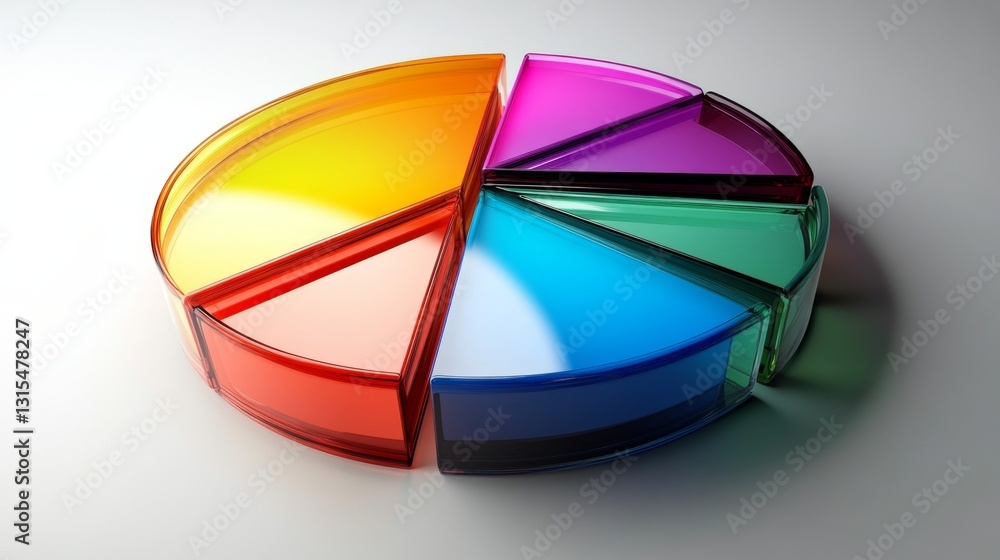 Obraz premium A D pie chart with transparent segments, each slice in a different color, illustrating distribution data, with sleek shadows adding depth