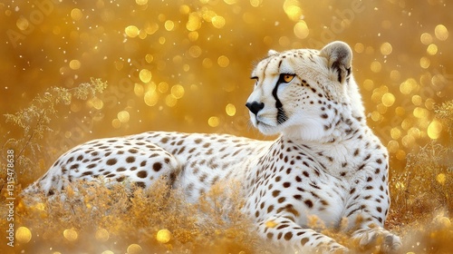A stunning white cheetah resting in a warm, golden savanna.