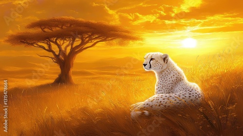 A stunning white cheetah resting in a warm, golden savanna.