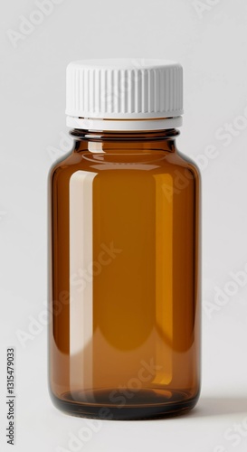 Amber glass bottle with ribbed white plastic lid on white background