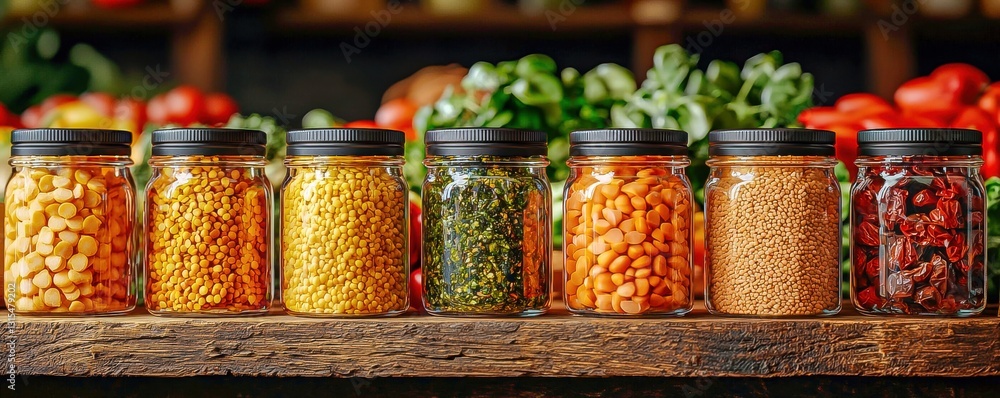 Fresh Organic Lentil Spice Pickles in Jars Racked on Market Stand Surrounded by Good Produce Fresh Organic Lentil Spice Pickles in Jars Racked on Market Stand Surrounded by Good Produce
