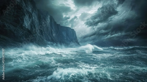 Dramatic stormy ocean waves crashing against dark cliffs.
