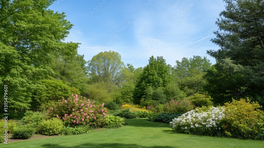 A lush green garden with a path through it. The path is lined with flowers and bushes. The sky is clear and blue, and the sun is shining brightly. The garden is a peaceful and serene place to relax A lush green garden with a path through it. The path is lined with flowers and bushes. The sky is clear and blue, and the sun is shining brightly. The garden is a peaceful and serene place to relax
