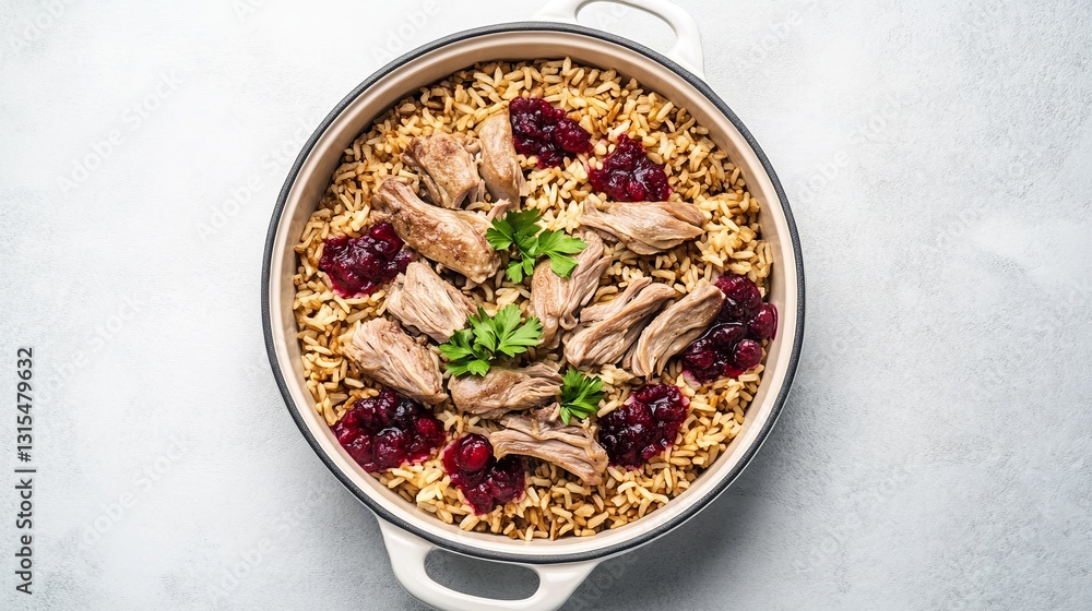 Unique gourmet dog dish with duck, cranberry sauce, and brown rice in a luxury setting Unique gourmet dog dish with duck, cranberry sauce, and brown rice in a luxury setting