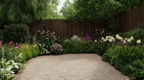 Fototapeta Naklejka Na Ścianę i Meble -  A garden with a white fence and a gravel path. The garden is full of flowers and plants