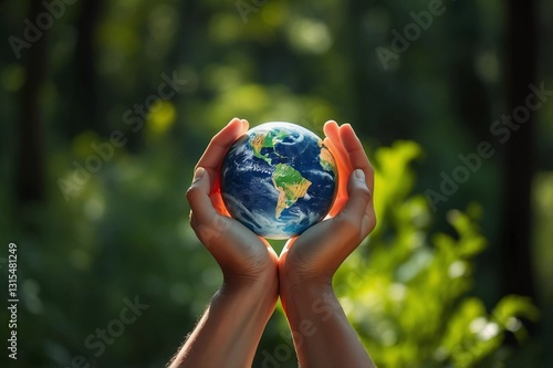 Hands holding a small globe in a forest setting photo