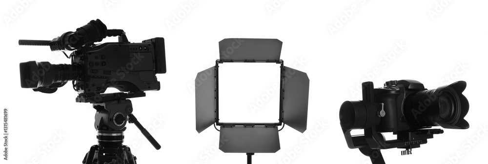 Different professional photographer's equipment on white background, set Different professional photographer's equipment on white background, set