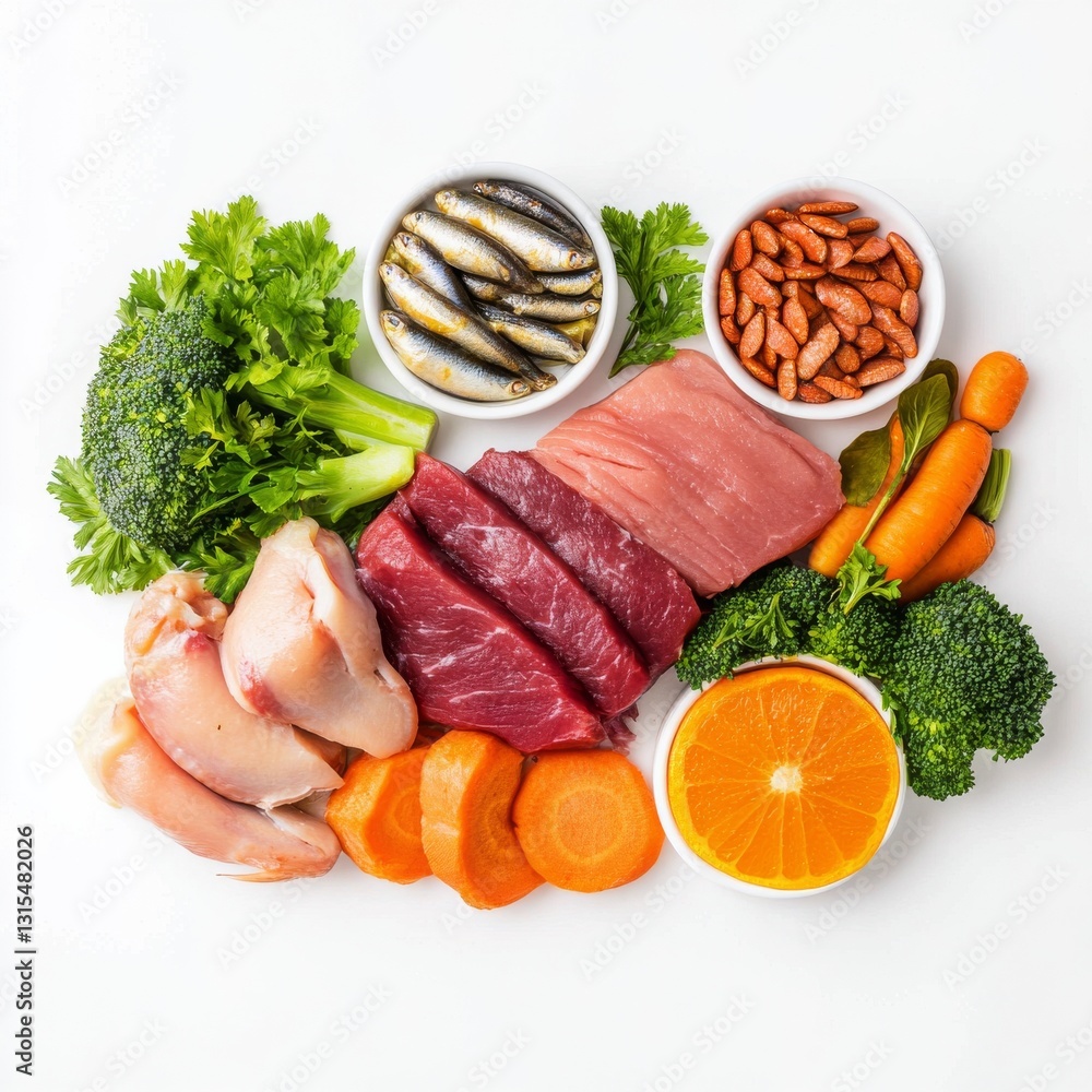 Balanced raw meal for dogs with duck, sardines, and organic vegetables, beautifully displayed Balanced raw meal for dogs with duck, sardines, and organic vegetables, beautifully displayed
