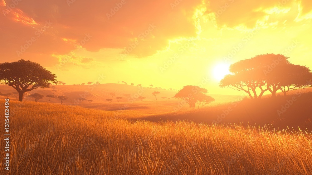 Obraz premium Golden sunset over African savanna grassland.