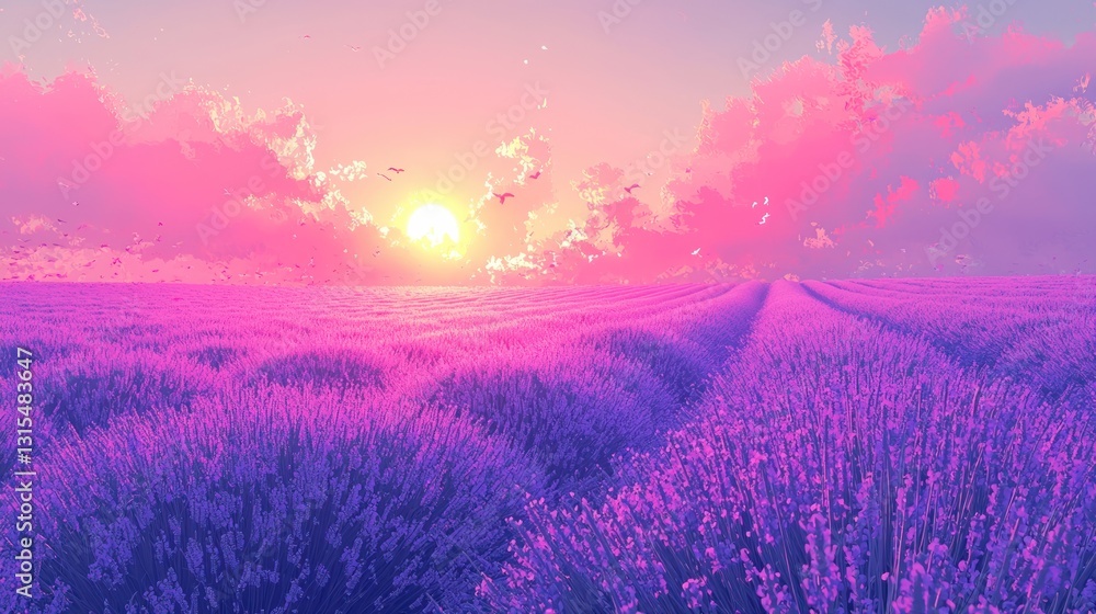 Fototapeta premium Vibrant sunset over a purple lavender field.