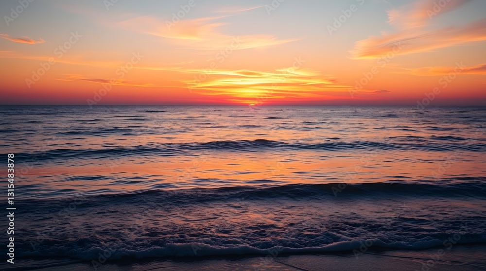 A peaceful sunset view over the ocean, with the sky painted in vibrant orange and pink hues, reflecting on the calm water's surface. The soft waves meet the shore, creating a serene atmosphere. A peaceful sunset view over the ocean, with the sky painted in vibrant orange and pink hues, reflecting on the calm water's surface. The soft waves meet the shore, creating a serene atmosphere.