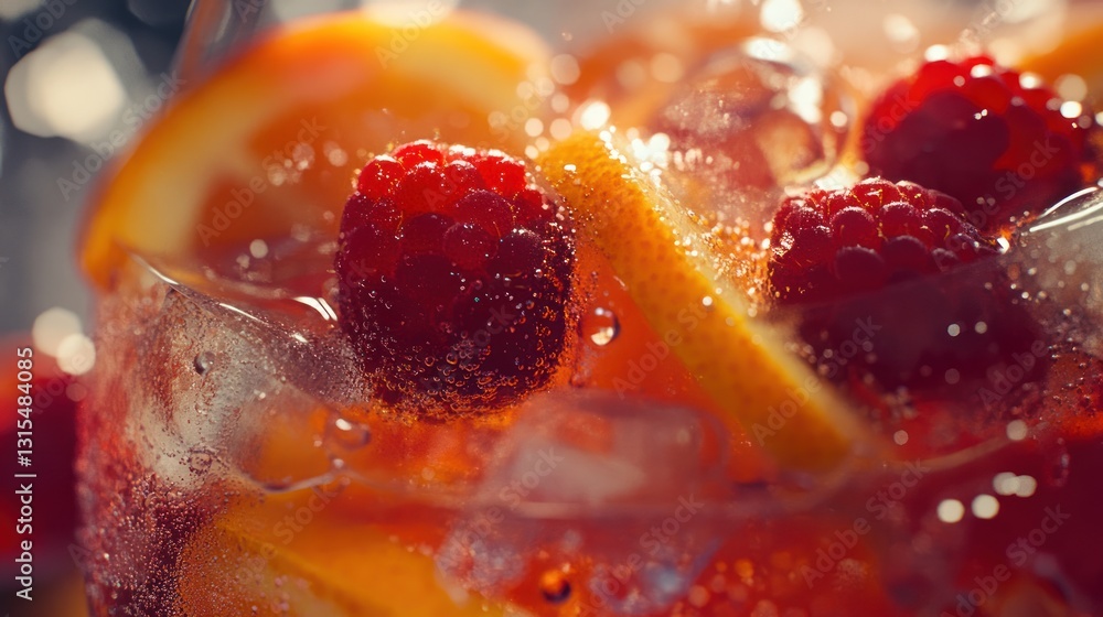 Refreshing Iced Beverage with Raspberries and Orange Slices Refreshing Iced Beverage with Raspberries and Orange Slices