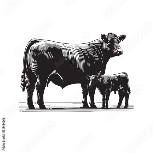 Cow, bull, cow and calf silhouette vector, drawing artwork