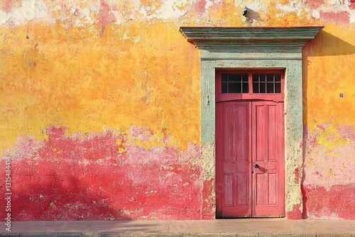 Colorful weathered wall with vibrant pink door in historic neighborhood of colonial architecture