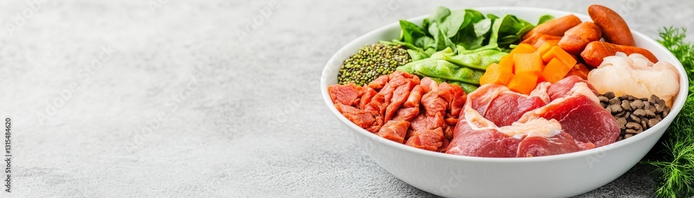 High-nutrient dog food bowl with superfoods and raw meats High-nutrient dog food bowl with superfoods and raw meats