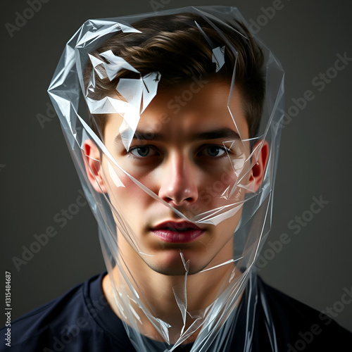 Young Man with a transparent plastic bag on his head. suffocate. face in a plastic bag, strangulation
