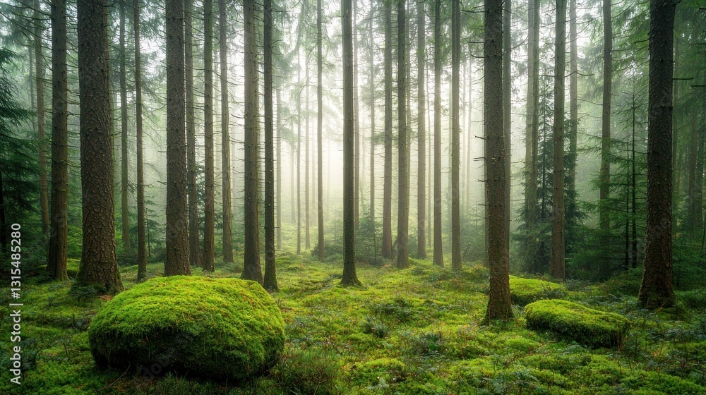 Obraz premium Misty forest with moss covered ground and tall trees.