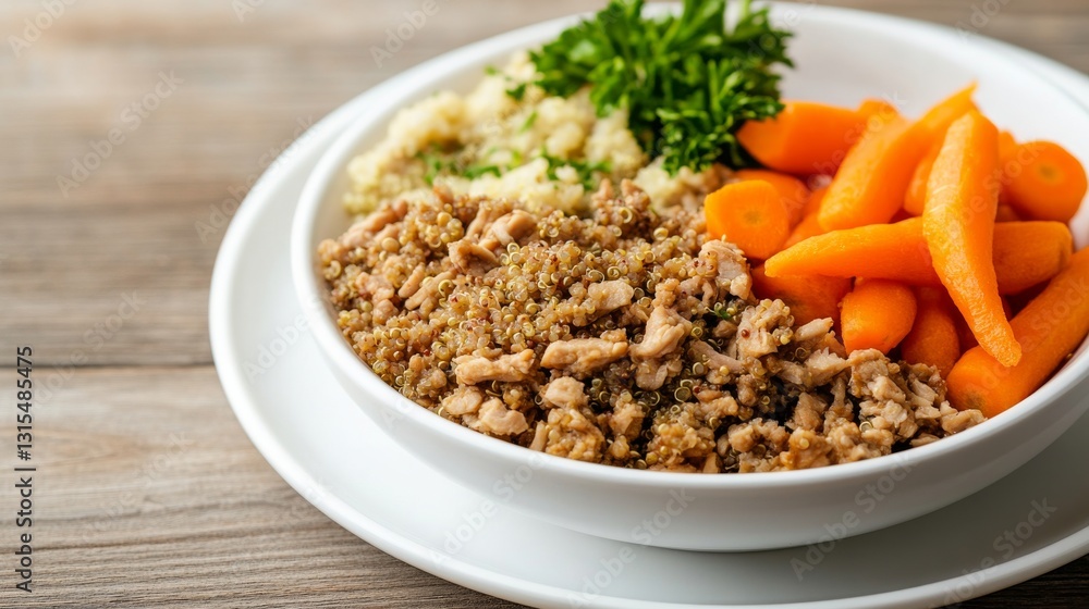 Homemade dog food bowl with turkey, quinoa, and steamed carrots, arranged neatly on a white plate Homemade dog food bowl with turkey, quinoa, and steamed carrots, arranged neatly on a white plate