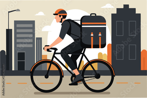 Illustration of a cyclist riding through an urban area during the daytime with a casual, cheerful demeanor while delivering food