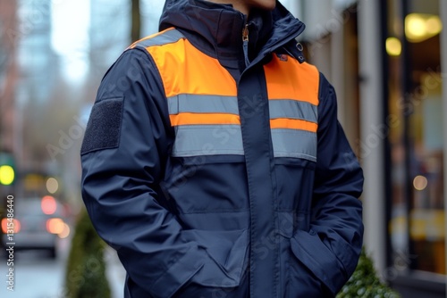 Worker in safety jacket stands on city street during cloudy day with vehicles passing by