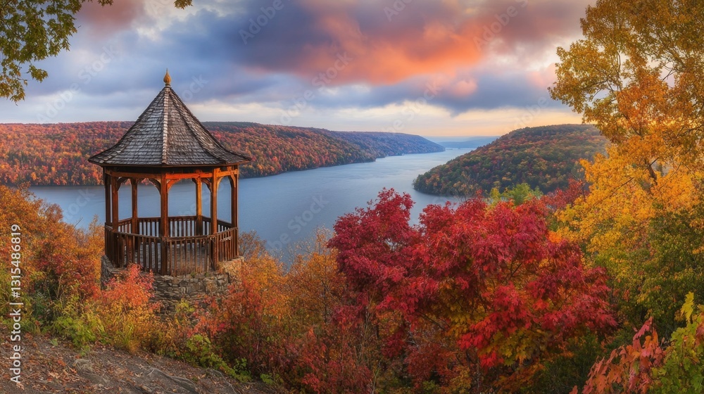 Naklejka premium Admiring wooden pagoda hillside overlook gigapixel view serene landscape elevated perspective