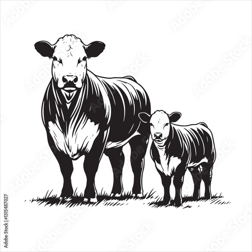 Cow, bull, cow and calf silhouette vector, drawing artwork