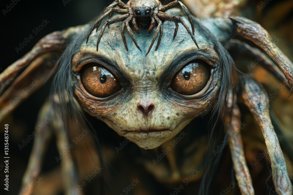 Fantasy creature with large eyes and spider companion in a mystical forest environment Fantasy creature with large eyes and spider companion in a mystical forest environment