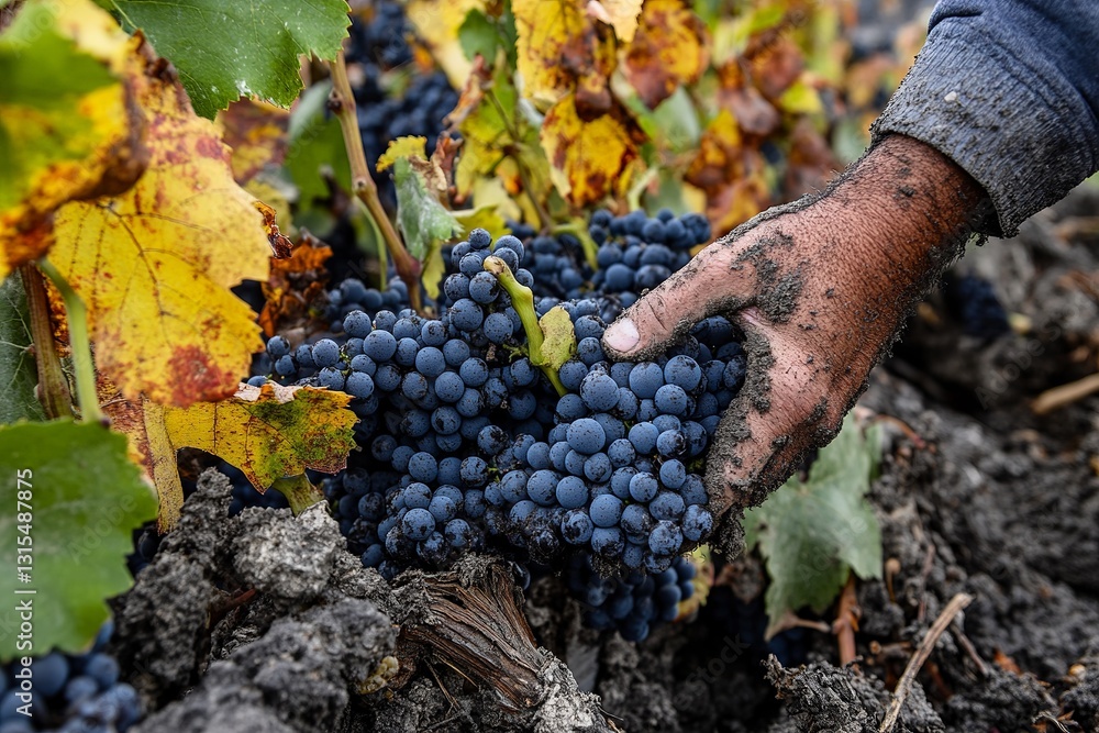 Obraz premium Harvesting Ripe Dark Blue Grapes Autumn Vineyard Hand Dirty Soil Winemaking Agriculture Farming Fresh Organic Produce Natural Food Delicious Healthy 