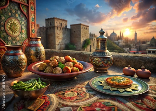 Delicious Azerbaijani Cuisine Against Baku's Ancient City Walls - Stock Photo photo