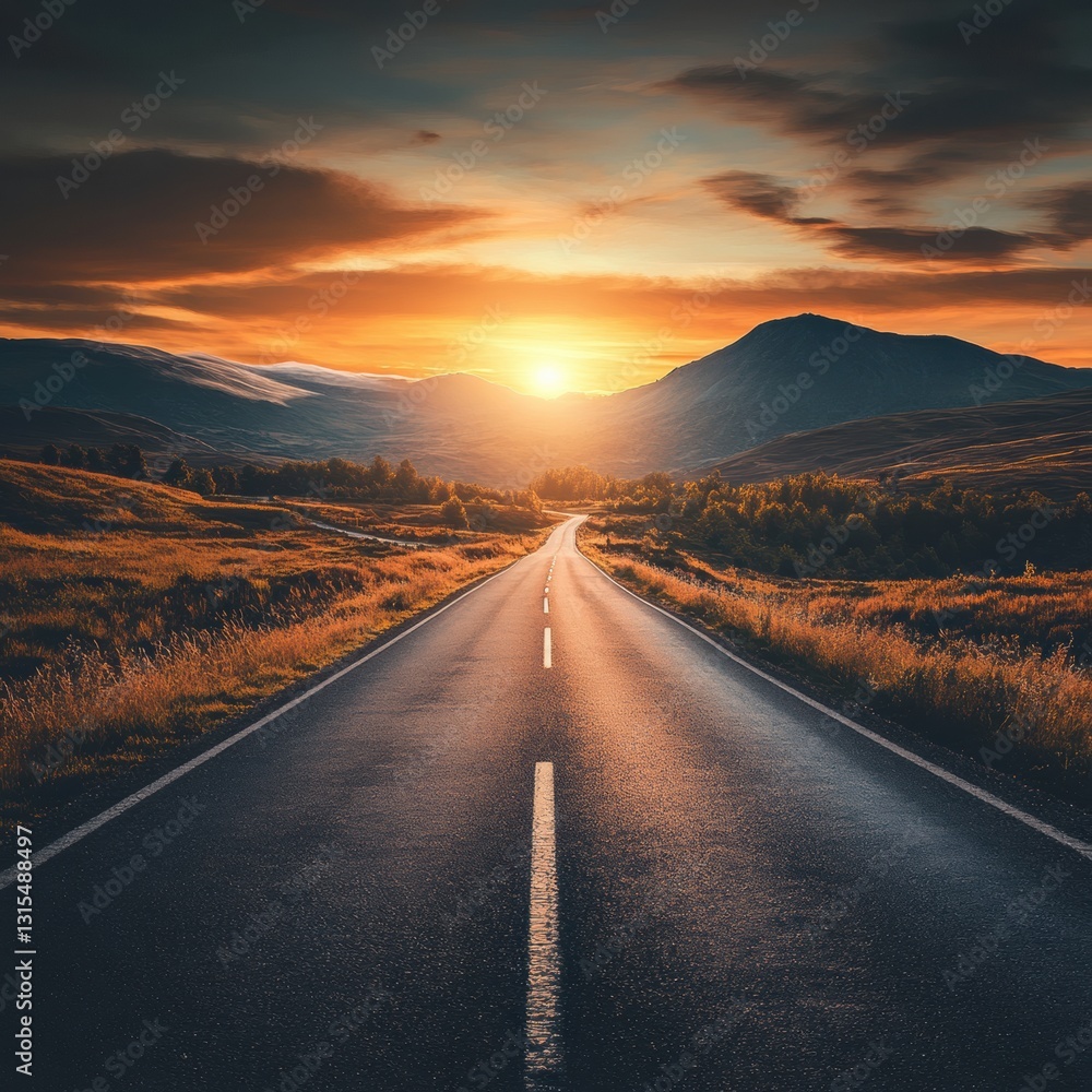 Fototapeta premium Sunset illuminates a winding road through mountains and fields in a serene landscape