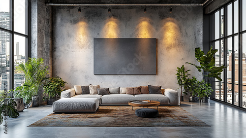 salon design avec mur en béton et grand canapé