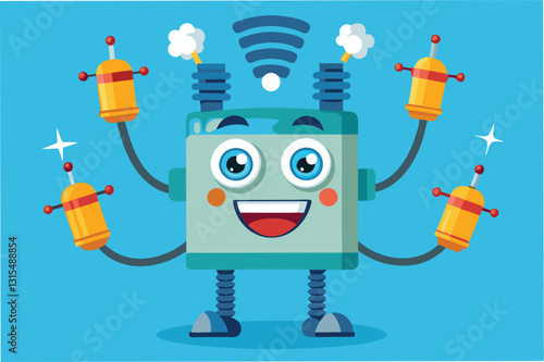 Cheerful robot character holding gadgets happily while showcasing a friendly demeanor in a vibrant blue background