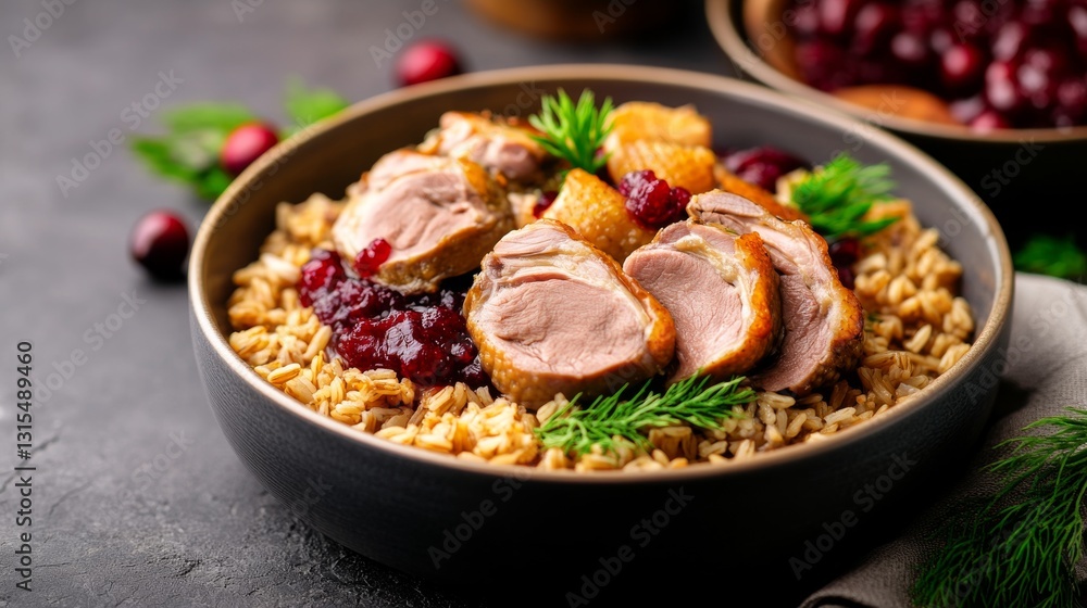 Unique gourmet dog dish with duck, cranberry sauce, and brown rice in a luxury setting Unique gourmet dog dish with duck, cranberry sauce, and brown rice in a luxury setting