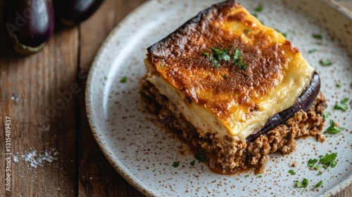 Layered Baked Dish with Eggplant and Meat Sauce, Golden Cheese Topping, Served on a Rustic Plat