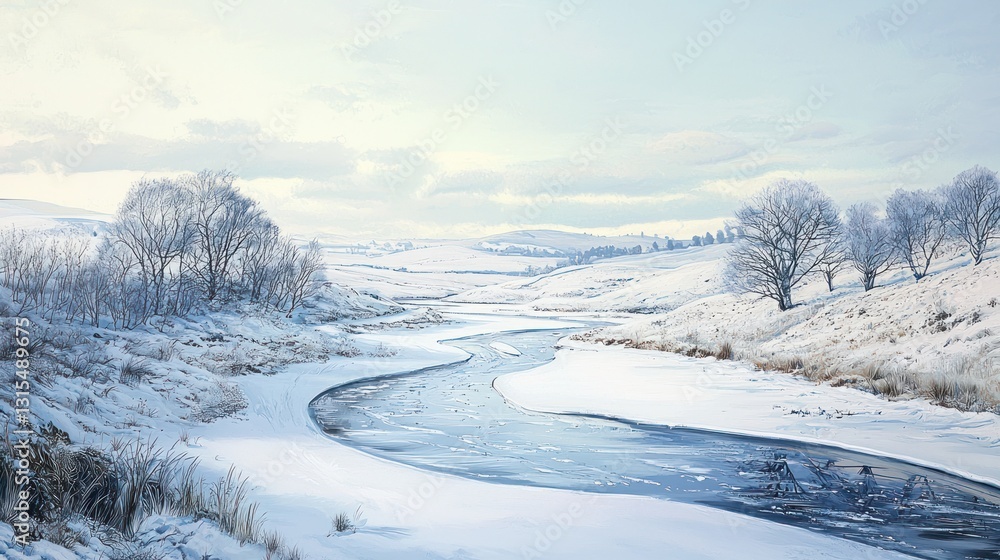 Obraz premium Serene winter river landscape with snow-covered banks and trees.