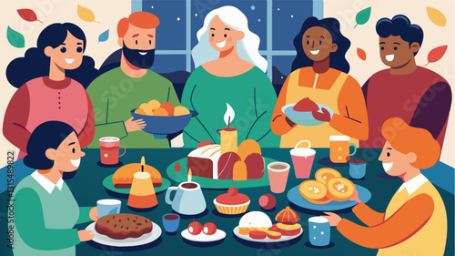 The smell of freshly baked cookies and savory dishes filled the air as neighbors shared their favorite holiday recipes at the potluckstyle feast.. Vector illustration