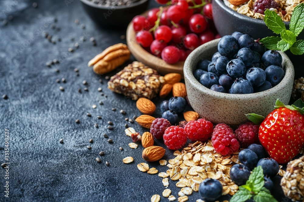 Healthy Breakfast Oatmeal Bowl with Berries Nuts and Seeds Delicious Granola Bar Red Raspberries Blueberries Almonds Pecans Superfood Energy Boosting Healthy Breakfast Oatmeal Bowl with Berries Nuts and Seeds Delicious Granola Bar Red Raspberries Blueberries Almonds Pecans Superfood Energy Boosting