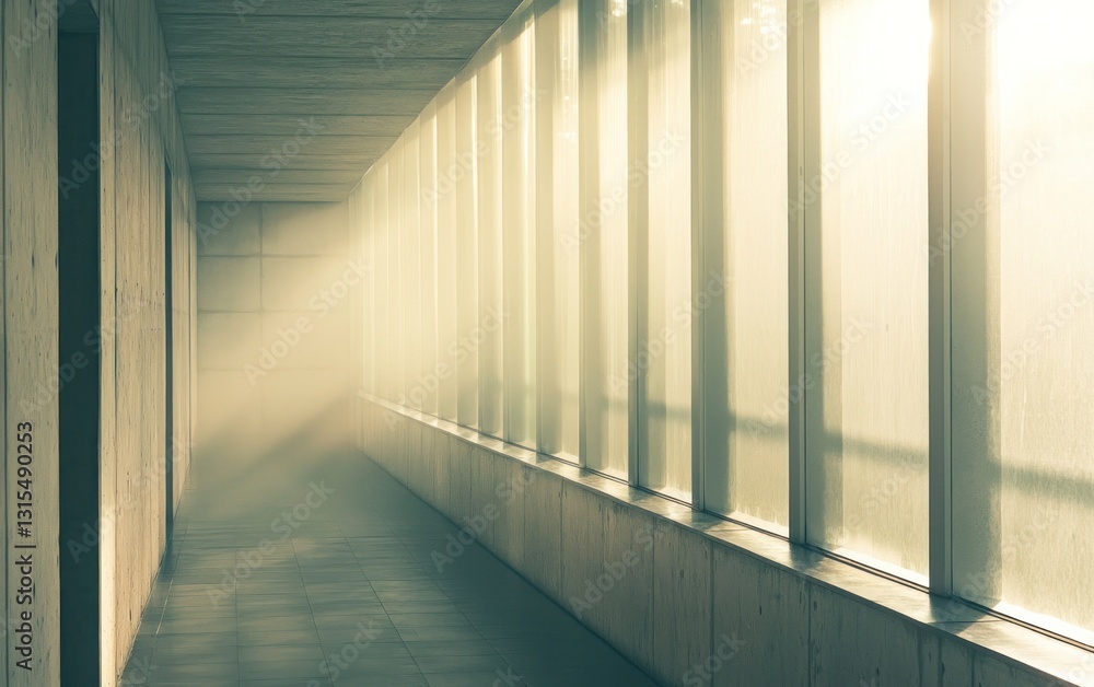 Obraz premium Sunlit concrete corridor with hazy atmosphere. Light streams through numerous windows, creating a soft, ethereal glow. The walls are textured, adding depth to the image