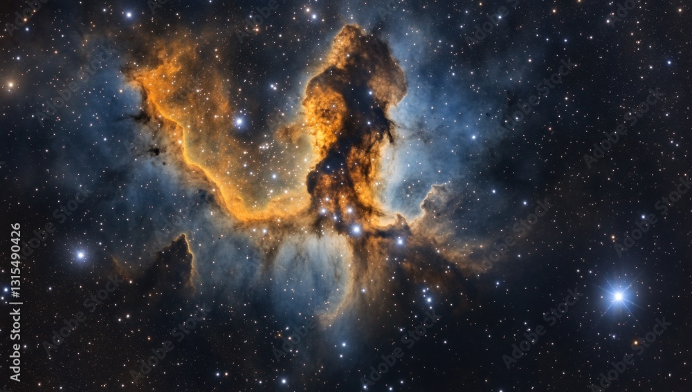 Fototapeta premium Cosmic nebula with orange and blue hues, starfield background.