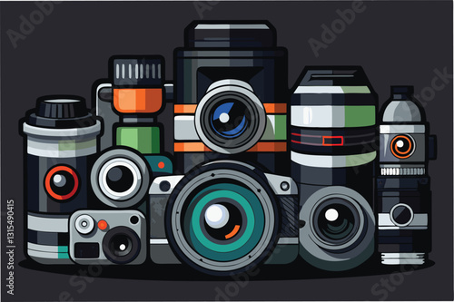 Collection of colorful vector illustrations showcasing various camera types and lenses on a dark background