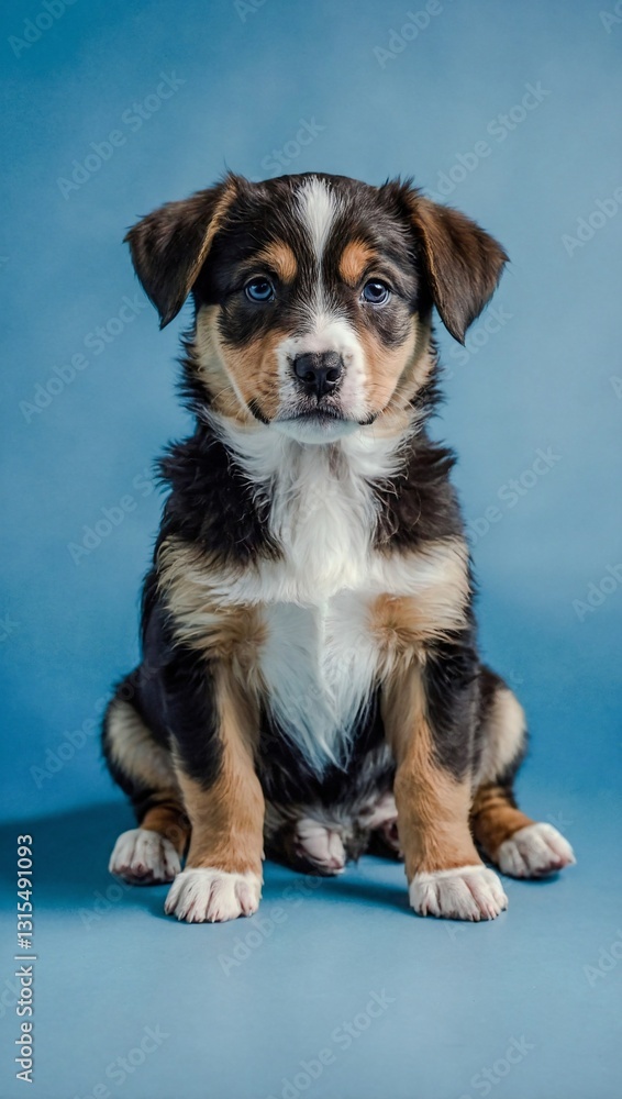 Two puppies sitting together on a blue background. Two puppies sitting together on a blue background.