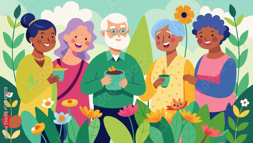 Amidst the vibrant blooms and fragrant herbs a club of elderly friends share gardening stories and laughter.. Vector illustration