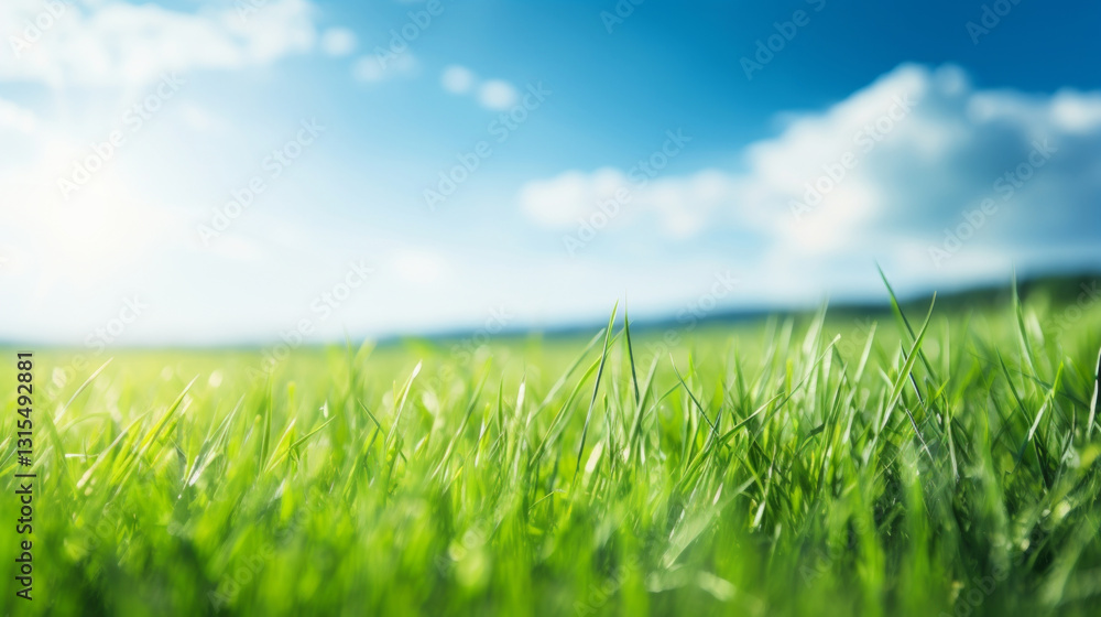 Fototapeta premium Abstract blurred spring background. Bright fresh green grass under sunny sky, springtime meadow, vibrant outdoor nature scene