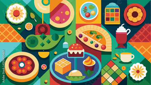 The table was a colorful mosaic with savory dishes and sweet treats from all corners of the neighborhood.. Vector illustration