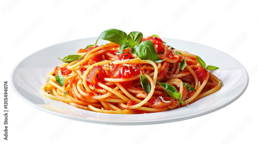 Delicious spaghetti with tomato sauce and basil on transparent background Delicious spaghetti with tomato sauce and basil on transparent background