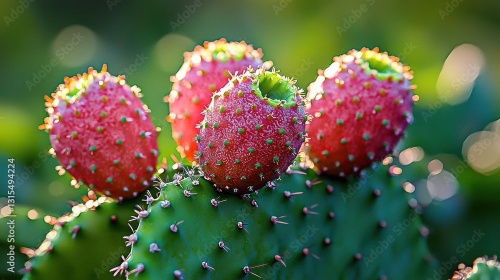 Vibrant red prickly pear fruit on a lush green cactus plant showcasing the beauty of nature with this delicious and nutritious food source in a stunning close-up. Vibrant red prickly pear fruit on a lush green cactus plant showcasing the beauty of nature with this delicious and nutritious food source in a stunning close-up.