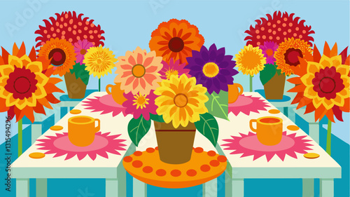 Vibrant flower arrangements made with dahlias sunflowers and zinnias grown in the garden serve as centerpieces at the harvest festivals picnic tables.. Vector illustration