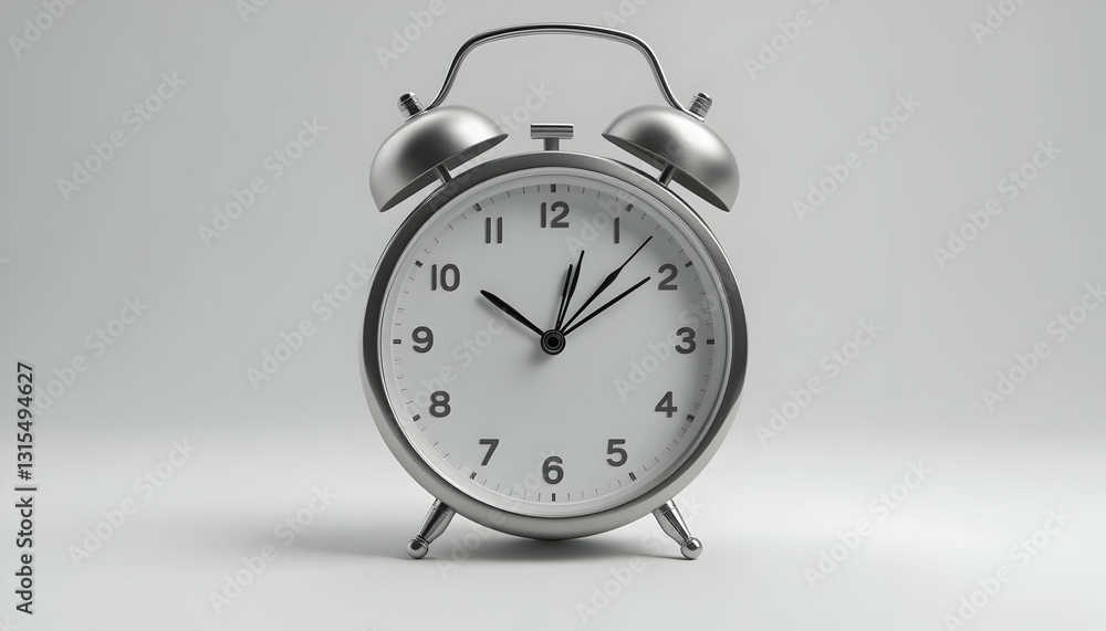 Silver Alarm Clock on White Background Showing the Time Ten Ten Silver Alarm Clock on White Background Showing the Time Ten Ten
